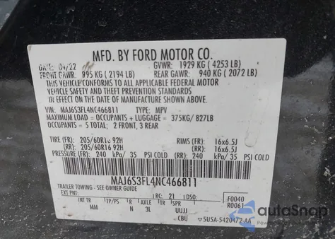 2022 Ford Ecosport S z USA, uszkodzony, nr VIN MAJ6S3FL4NC466811